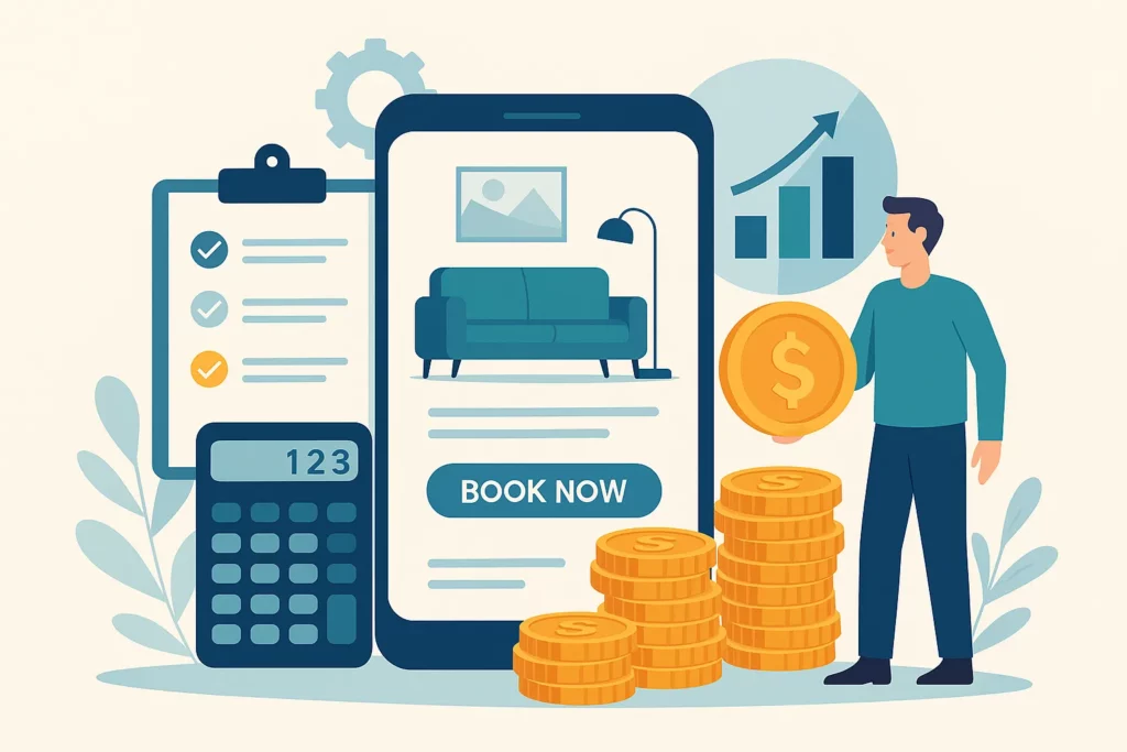 Illustration of a smartphone app interface for a furnished apartment marketplace, with financial elements like coins, charts, and a man holding a golden coin.