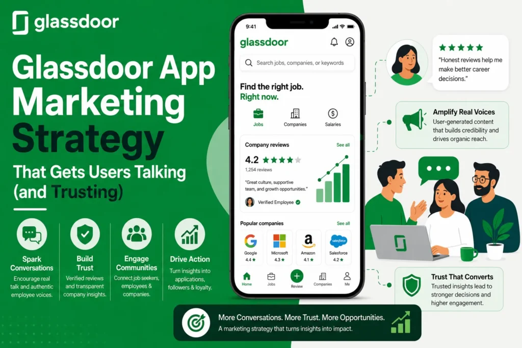 Infographic showcasing Glassdoor's marketing strategy, highlighting authentic employee reviews, trust-building, community engagement, user-generated content, and transparent company insights.