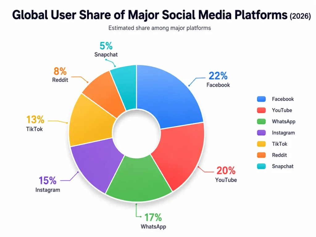 How to Start a Social Media App Development Business from Scratch 1 Global user share chart of major social media platforms in 2026 showing Facebook, YouTube, WhatsApp, Instagram, TikTok, Reddit, and Snapchat percentage distribution.