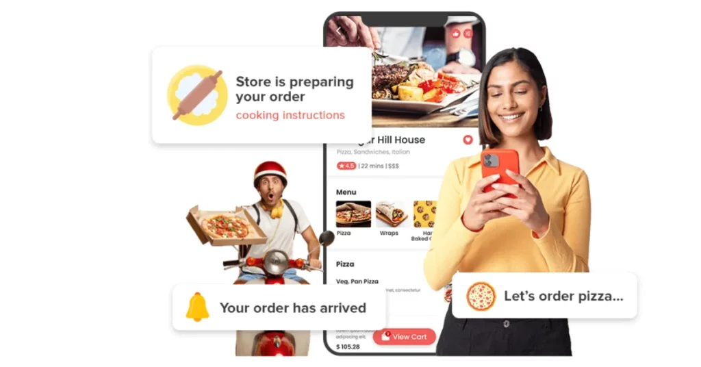 On-demand delivery app interface showing food, groceries, and courier tracking