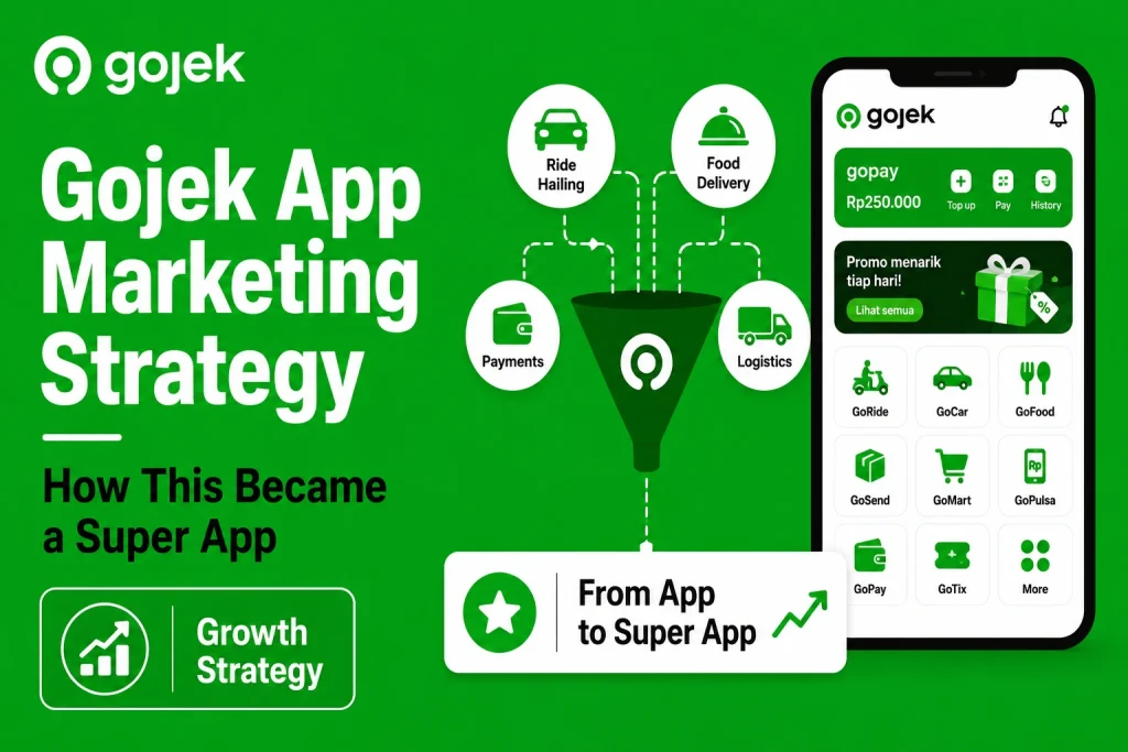 Featured image for Gojek app marketing strategy showing ride-hailing, food delivery, payments, logistics, GoPay wallet, app services, and super app growth funnel.