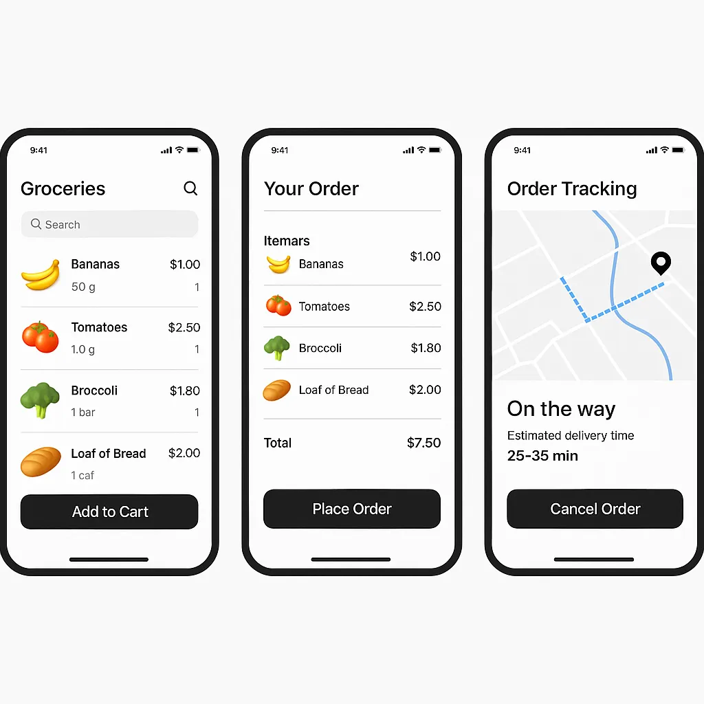 grocery app ui mockup cart order tracking