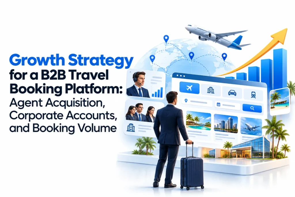 Growth strategy for a B2B travel booking platform focused on agent acquisition, corporate accounts, and booking volume.