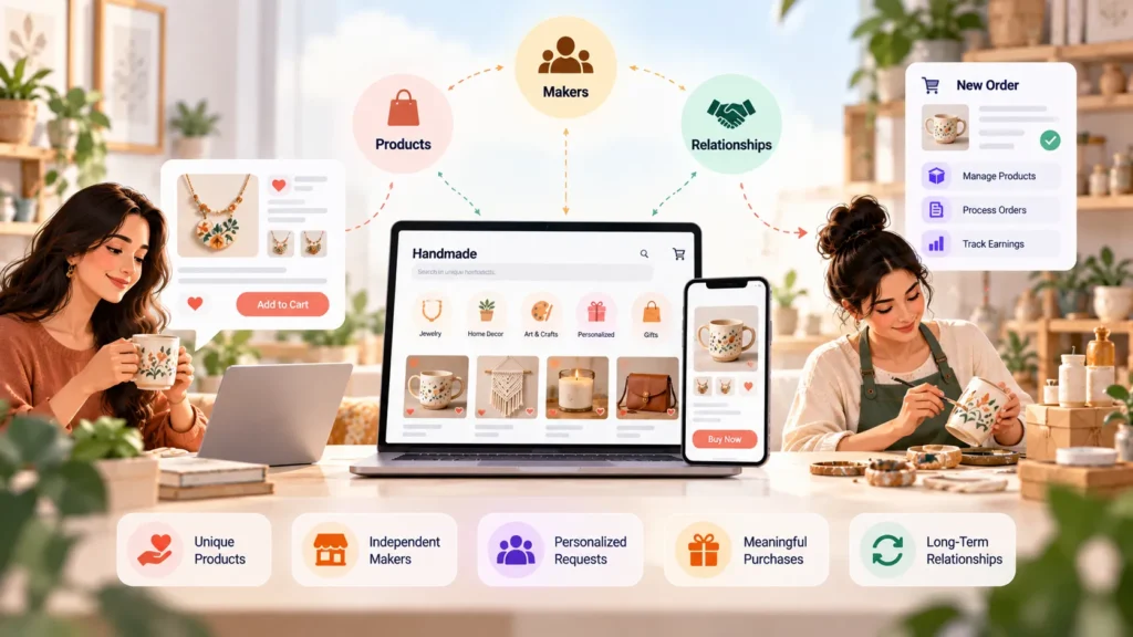 Handmade marketplace ecosystem showing independent makers, unique products, buyer purchases, order management, personalized requests, and long-term customer relationships.