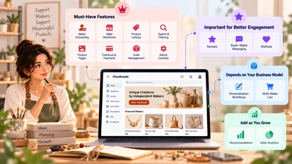 Handmade marketplace feature prioritization infographic showing must-have features, engagement tools, business-model-dependent capabilities, recommendations, and seller analytics.