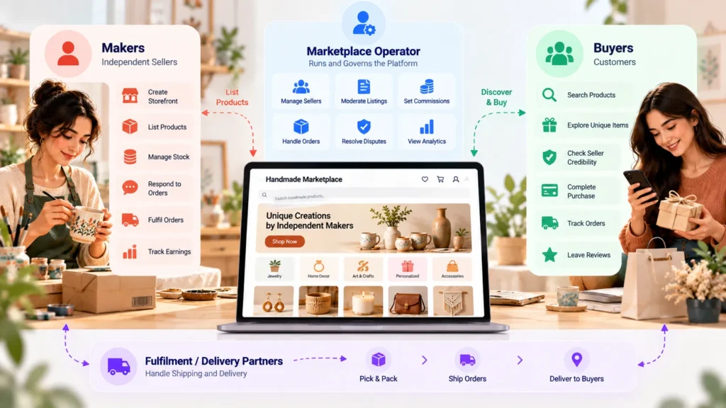 Handmade marketplace workflow showing independent makers, marketplace operator controls, buyers, order management, commissions, analytics, fulfilment, and delivery processes.