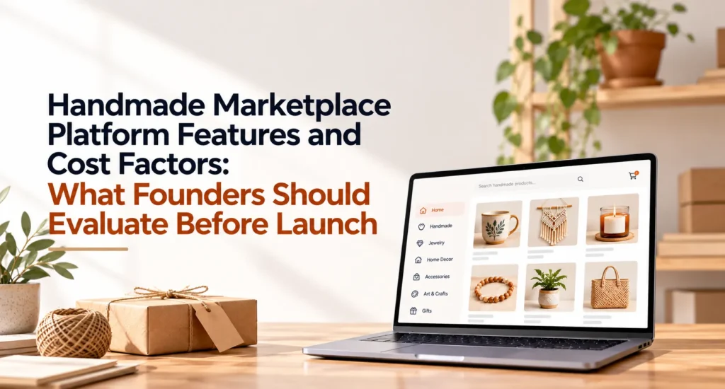 Handmade marketplace platform interface showing artisan products, representing important features and cost factors founders should evaluate before launch.
