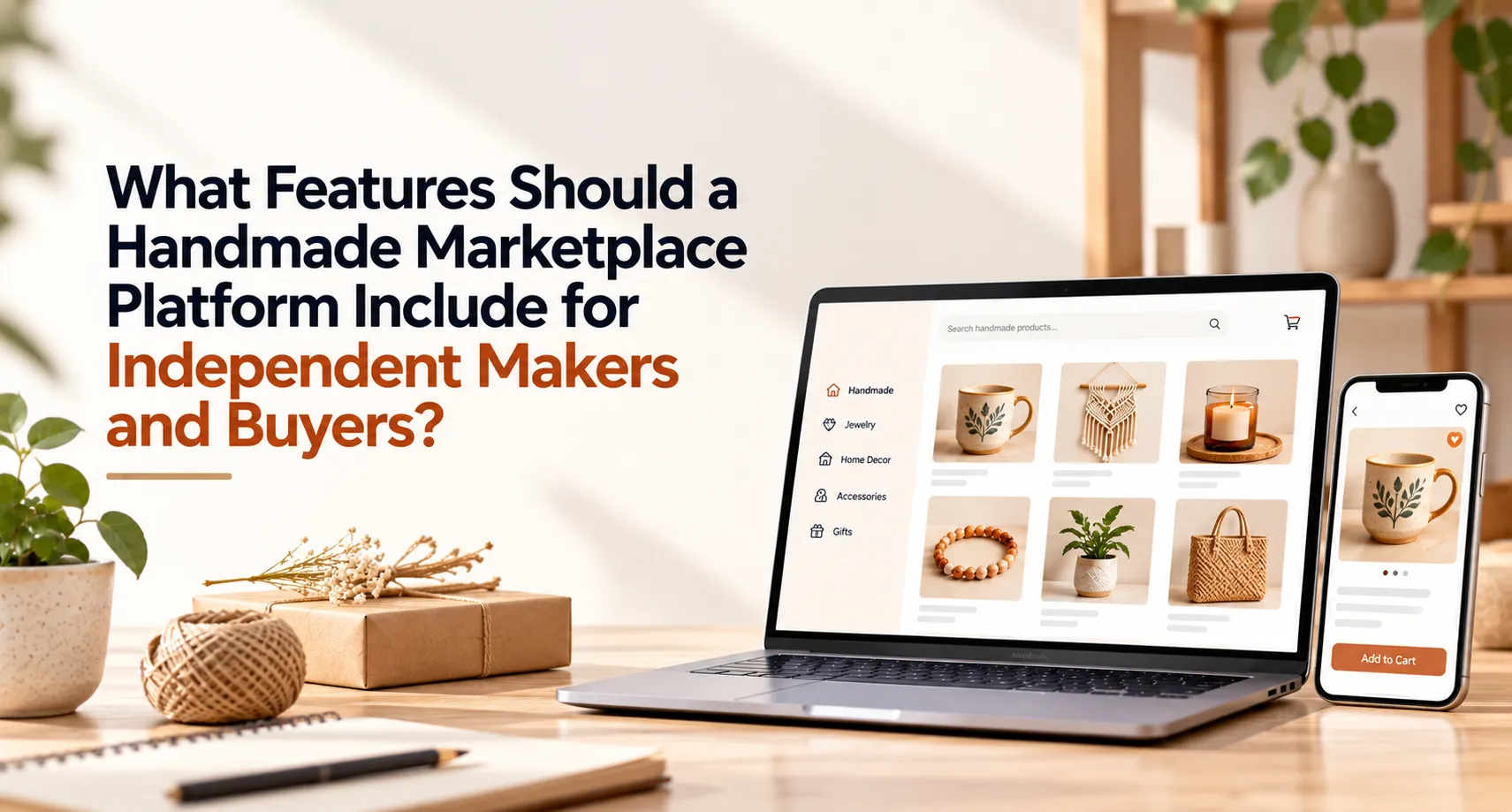Handmade marketplace platform displayed across laptop and mobile screens, showing product discovery, categories, listings, wishlist, and shopping features for independent makers and buyers.