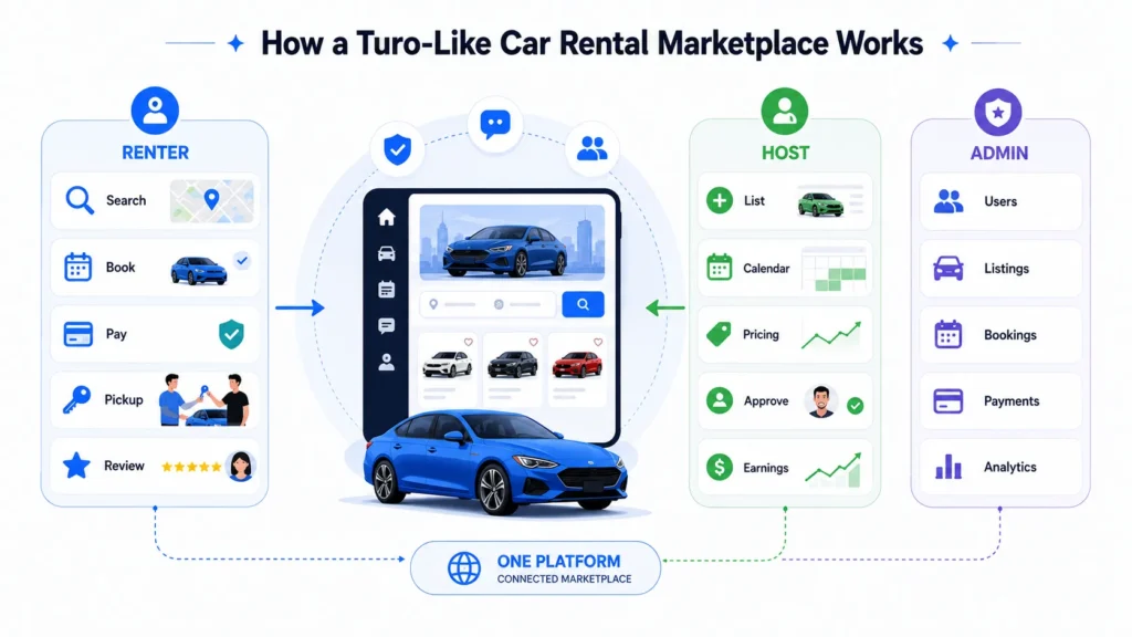 Workflow of a Turo-like car rental marketplace showing renter booking flow, host vehicle management, admin dashboard controls, payments, reviews, and connected marketplace operations.