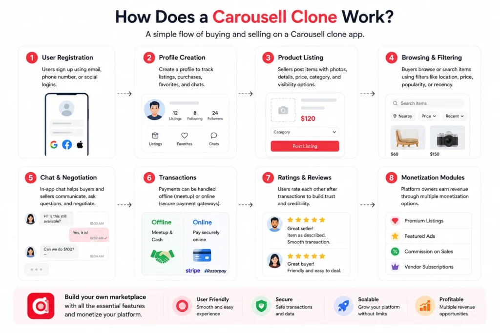 Infographic explaining how a Carousell clone app works, covering user registration, profile creation, product listings, browsing, chat, transactions, reviews, and monetization modules.