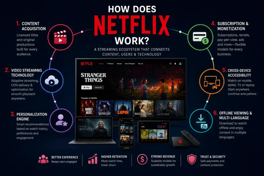 How Netflix works through content acquisition, streaming technology, personalization, subscriptions, cross-device access, and offline viewing