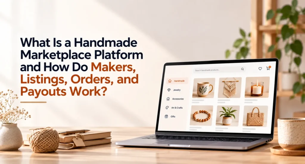 Handmade marketplace platform showing maker products and shopping categories, illustrating how listings, customer orders, and seller payouts work.