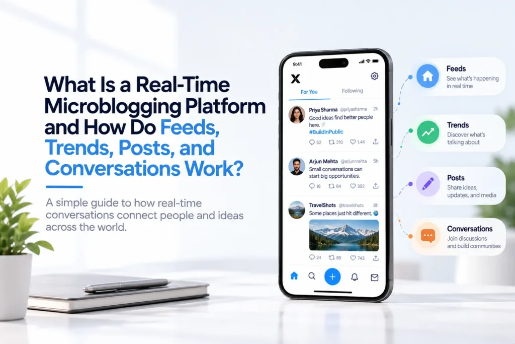 Real-time microblogging platform showing how feeds, trends, posts, and online conversations connect users and communities.