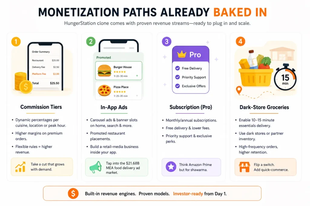 Reasons startup choose our HungerStation clone over custom development 1 Infographic explaining HungerStation clone monetization paths with commission tiers, in-app ads, subscription Pro plans, and dark-store grocery revenue streams.