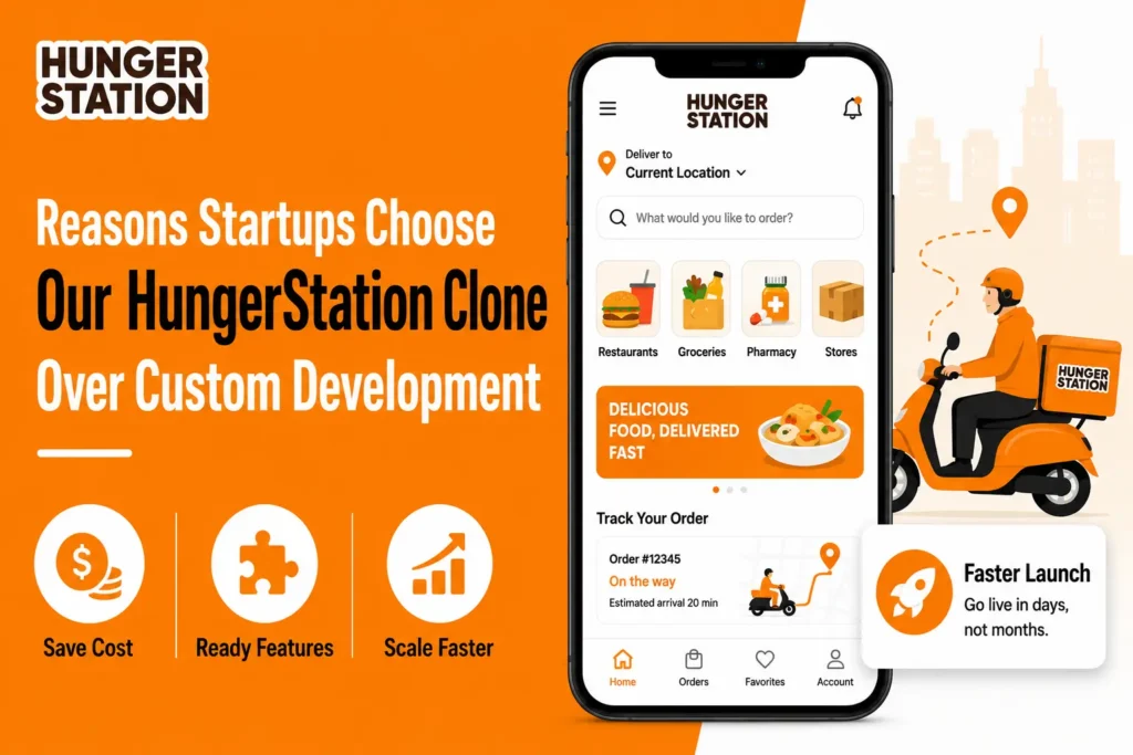 HungerStation clone app featured image showing restaurant, grocery, pharmacy, and store delivery features with startup benefits like save cost, ready features, scale faster, and faster launch.