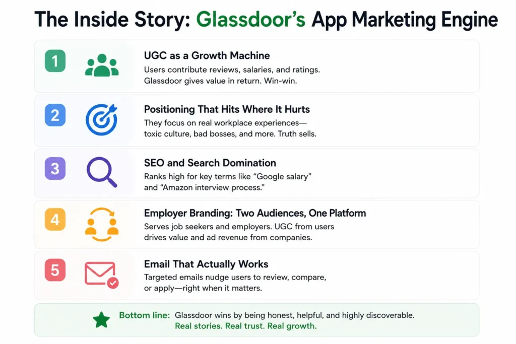 Glassdoor App Marketing Strategy That Gets Users Talking (and Trusting) 1 Infographic explaining Glassdoor's app marketing engine, highlighting user-generated content, emotional positioning, SEO dominance, employer branding, and targeted email marketing strategies.