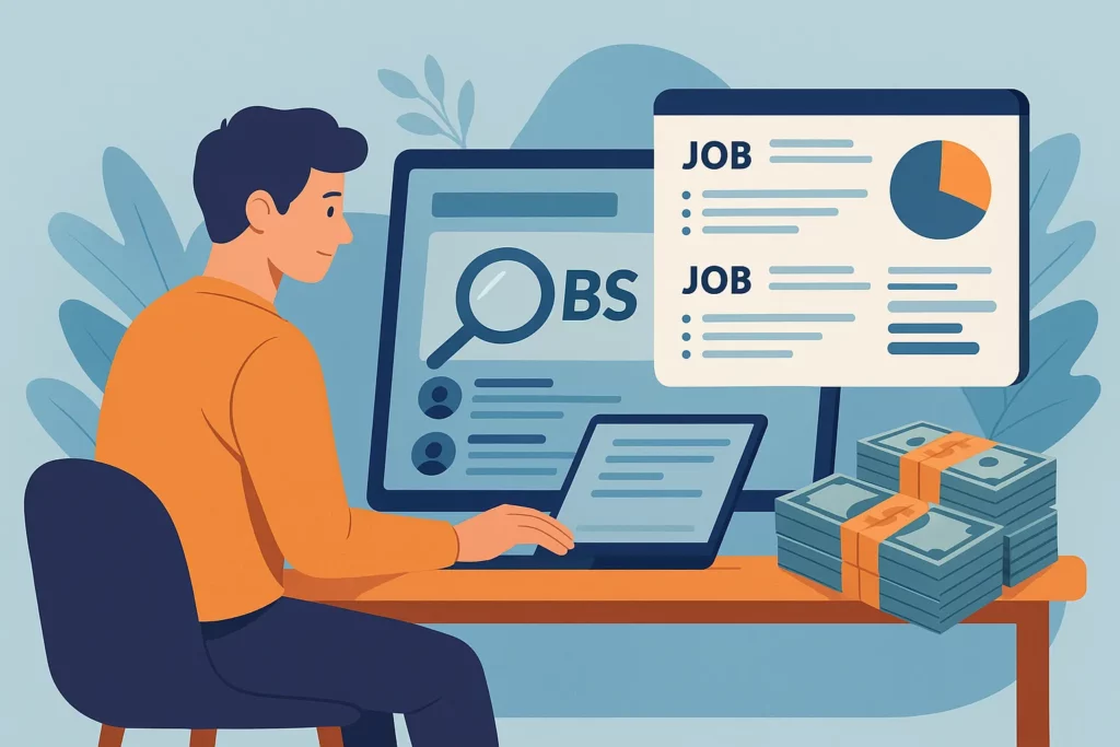 Illustration of a man building a job board platform on his laptop with job listings and money on the desk, representing cost and development theme