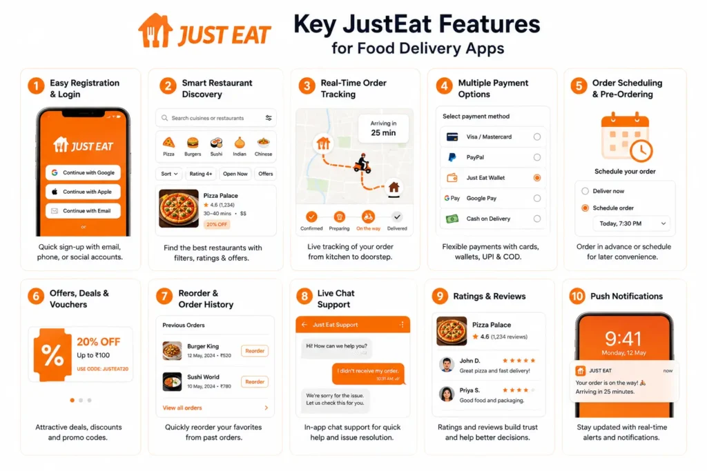 Key JustEat Features for Food Delivery Apps 1 Just Eat food delivery app features infographic showing login, restaurant search, live order tracking, payment options, scheduled ordering, vouchers, reorder history, live chat, reviews, and push notifications.