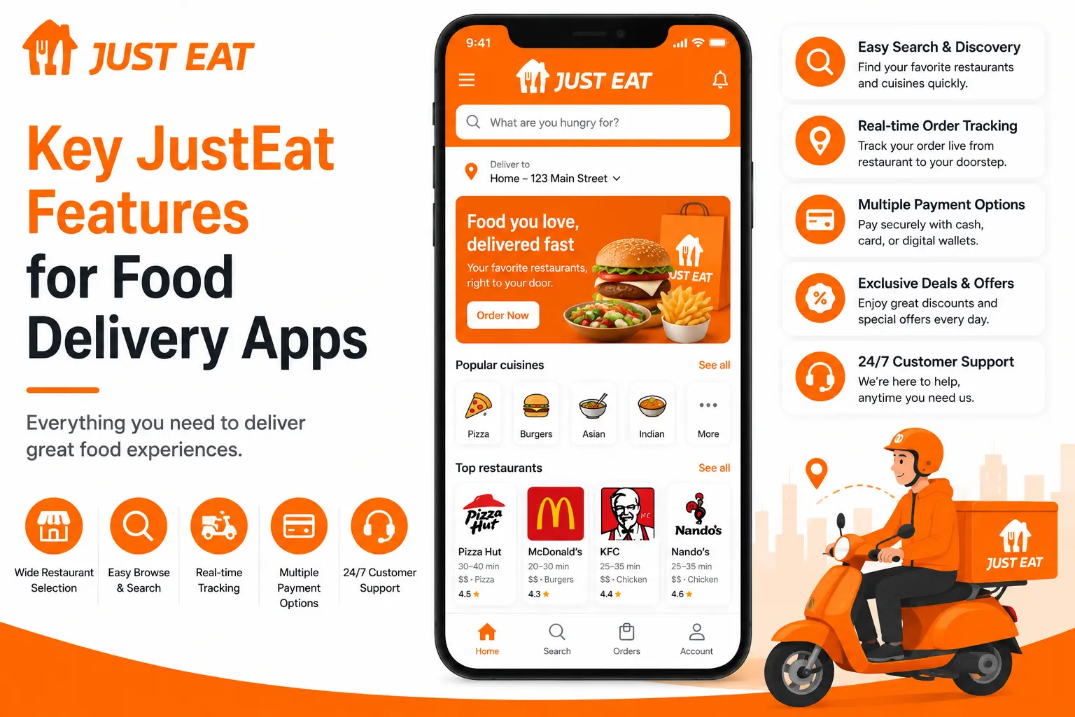 Just Eat food delivery app features graphic showing restaurant search, cuisine browsing, live order tracking, payment options, deals, customer support, and delivery rider.