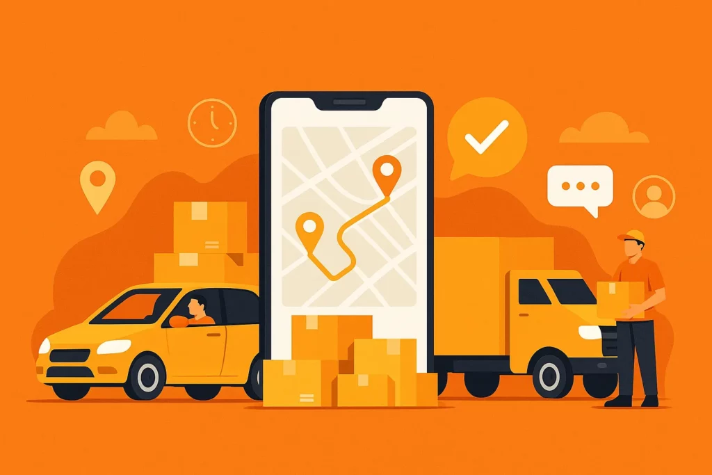 Flat illustration of a logistics app concept with delivery vehicles, boxes, and smartphone map for a Lalamove clone delivery app