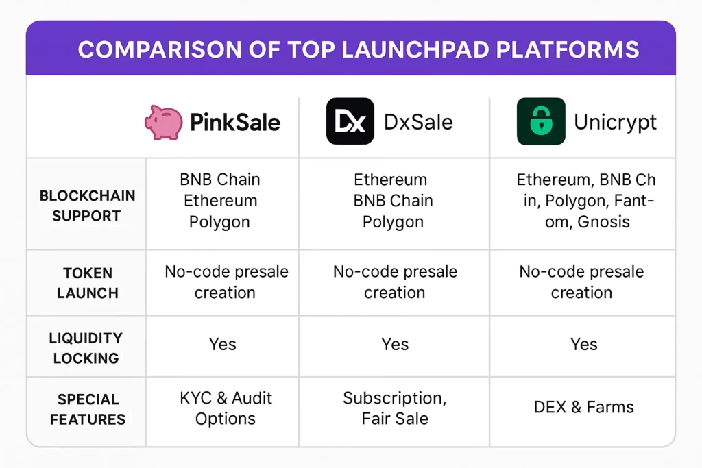 launchpad platform comparison pinksale vs dxsale vs unicrypt