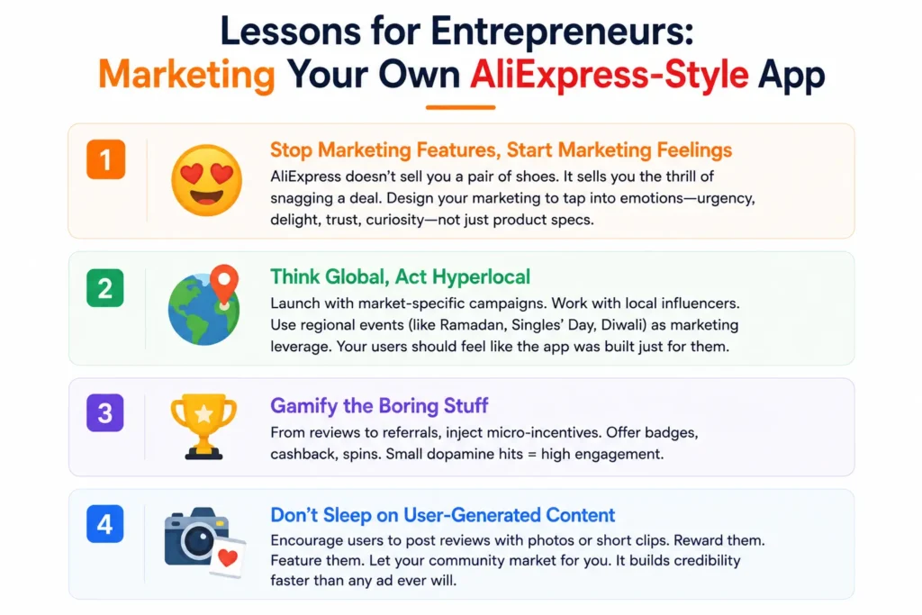 The Genius Behind AliExpress App Marketing Strategy 1 Infographic highlighting marketing lessons for entrepreneurs building an AliExpress-style app, including emotional marketing, hyperlocal campaigns, gamification, and user-generated content strategies.