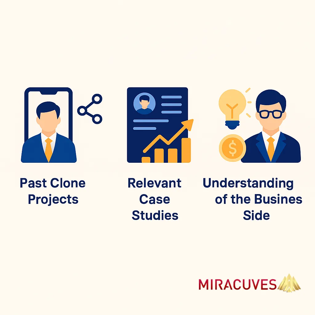 Infographic showing Past Clone Projects, Relevant Case Studies, and Business Understanding with vector icons of professionals and analytics.