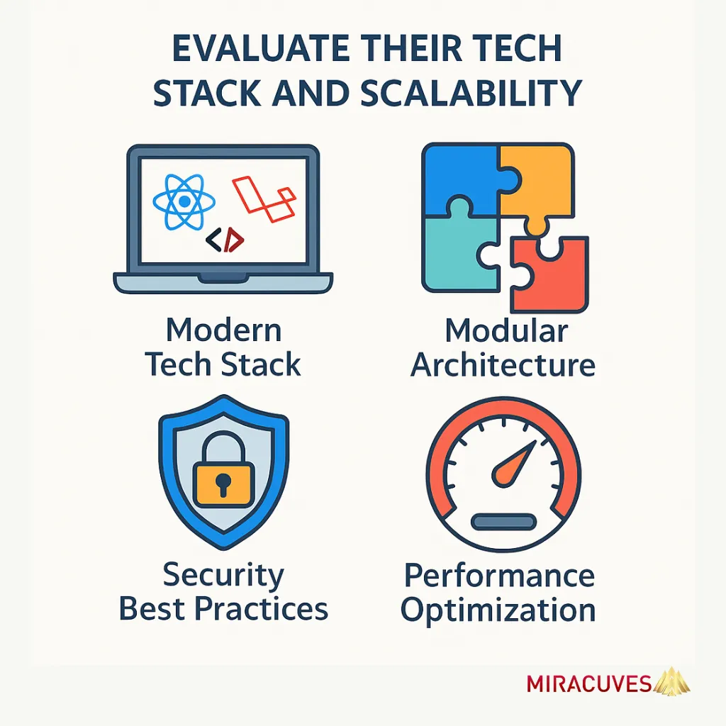 Infographic highlighting modern tech stack, modular architecture, security best practices, and performance optimization.