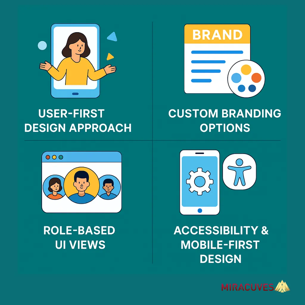 Infographic featuring user-first design, custom branding options, role-based UI views, and mobile-first accessibility.