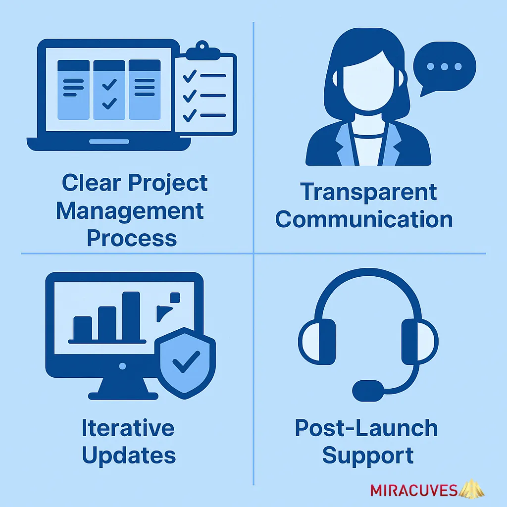 Infographic illustrating project management clarity, transparent communication, iterative updates, and post-launch support.