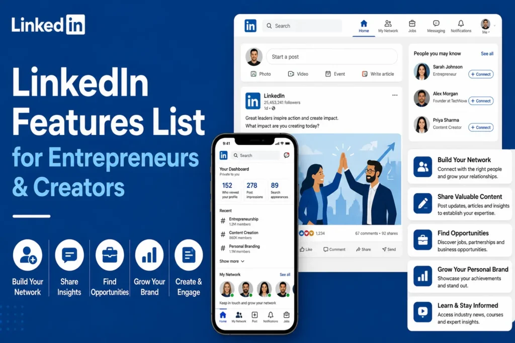 LinkedIn features guide showing networking, content sharing, opportunity discovery, personal branding, engagement tools, profile dashboard, and professional connections.