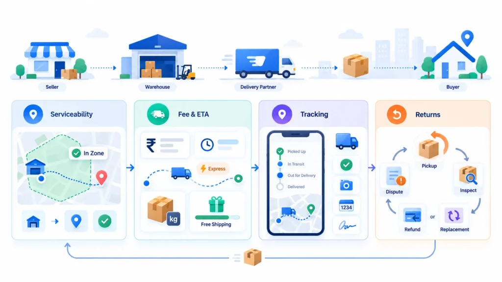 Ecommerce marketplace delivery workflow showing seller, warehouse, delivery partner, serviceability, ETA, tracking, buyer delivery, and returns