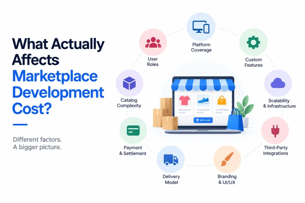 Key factors affecting marketplace development cost including platform coverage, user roles, catalog complexity, payments, delivery, branding, integrations, and scalability