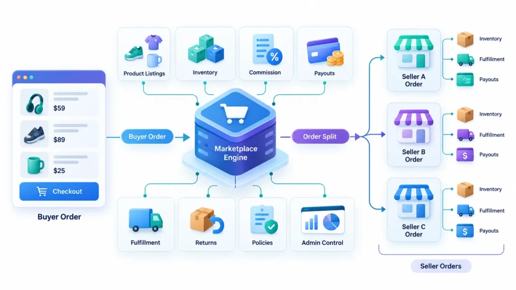 Multi-seller marketplace order flow showing buyer checkout, order splitting, inventory, fulfillment, commissions, payouts, returns, and admin controls