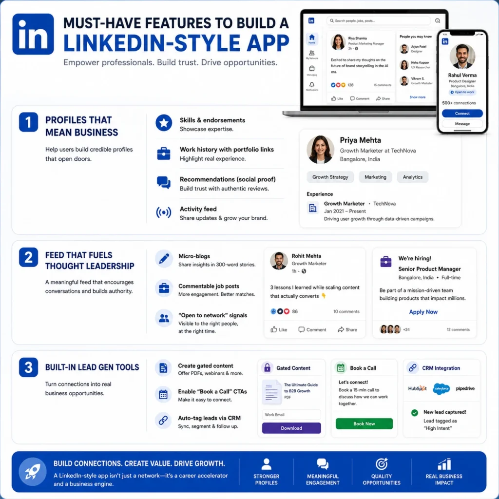 LinkedIn App Marketing Strategy: The Power Playbook for Professional Growth 1 LinkedIn-style app features infographic showing professional profiles, skills, endorsements, activity feeds, job posts, lead generation tools, booking CTAs, and CRM integration.