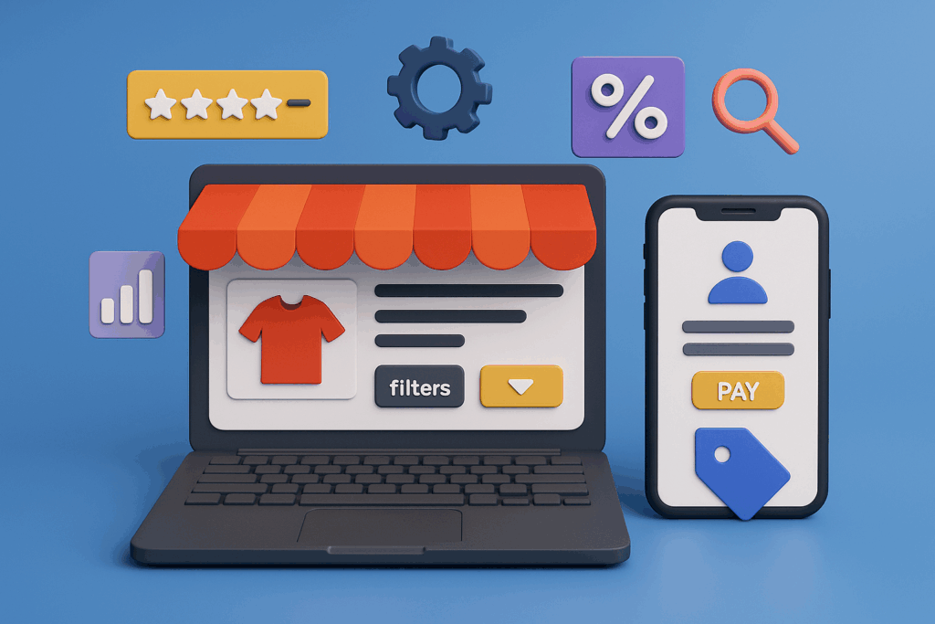 3D illustration of fashion eCommerce UI on laptop and mobile with shopping features