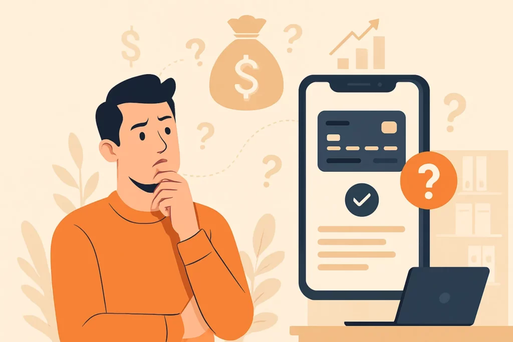 Illustration of a man thinking about the cost of a neobank app, with symbols like money bags, graphs, question marks, a smartphone displaying a neobank app interface, and a laptop, visually representing the challenges and decisions in fintech development.
