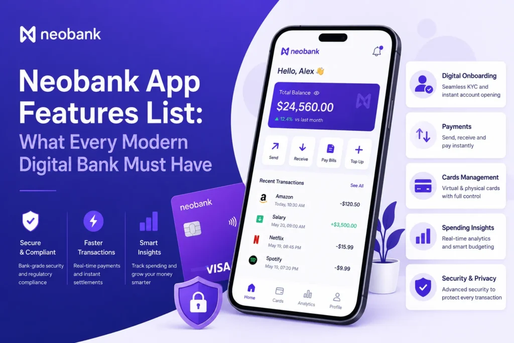 Neobank app features infographic showing digital onboarding, payments, card management, spending insights, security, privacy, fast transactions, and mobile banking dashboard.
