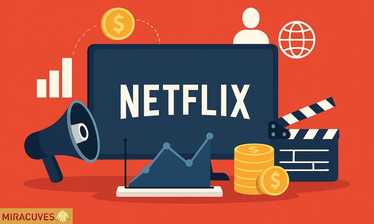 Illustration showing Netflix business model with TV, coins, clapperboard, and analytics icons