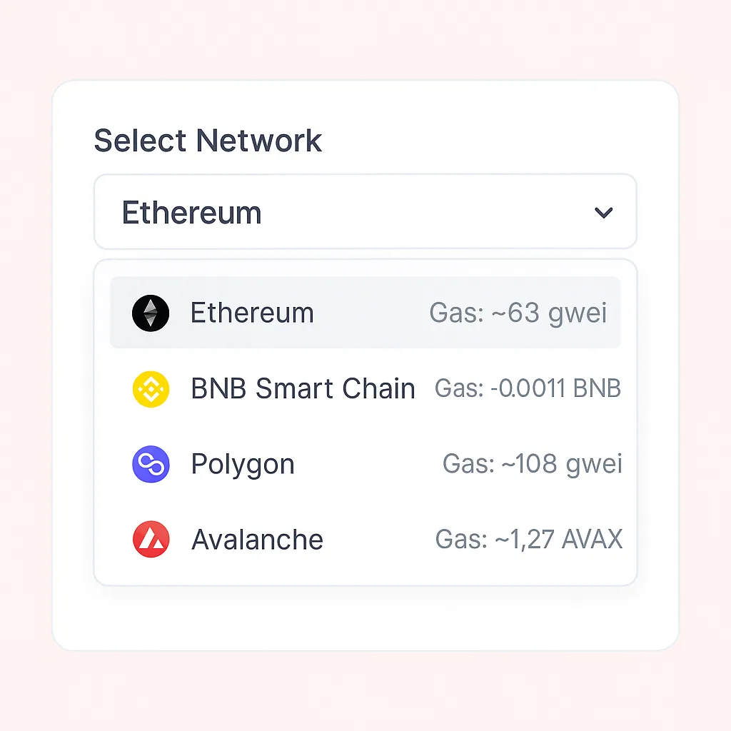 network selector dropdown with gas fees