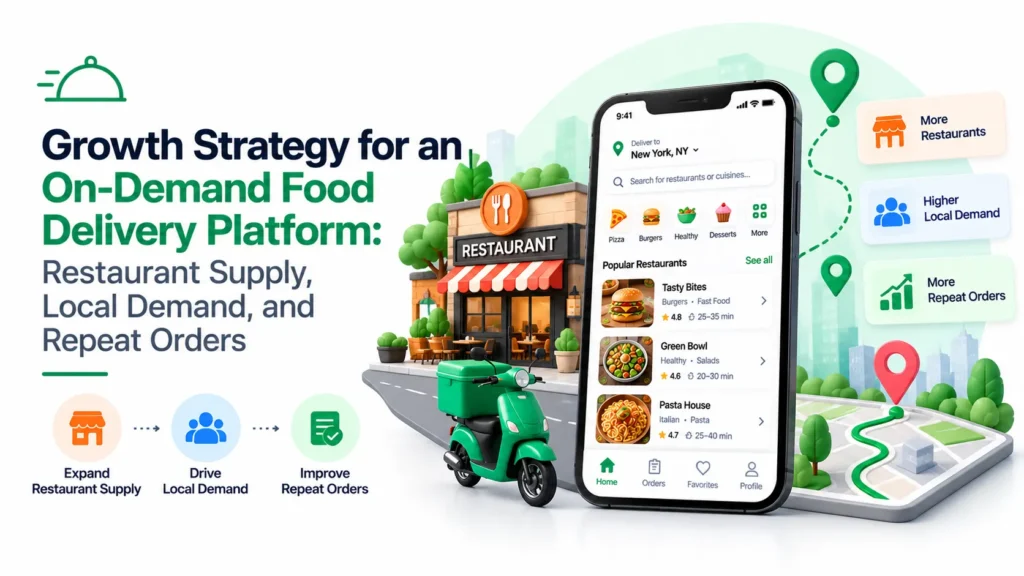 On-demand food delivery platform growth strategy focused on restaurant supply, local demand, delivery coverage, and repeat orders.