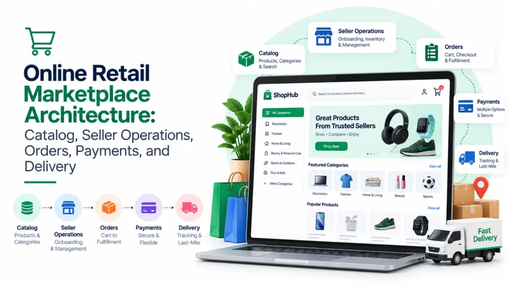 Online retail marketplace architecture covering catalog, seller operations, orders, payments, and delivery