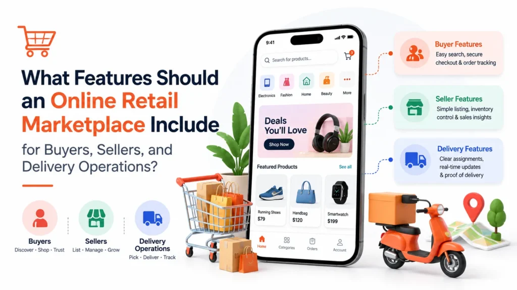Online retail marketplace features for buyers, sellers, and delivery operations, including product search, secure checkout, inventory management, order tracking, and proof of delivery.