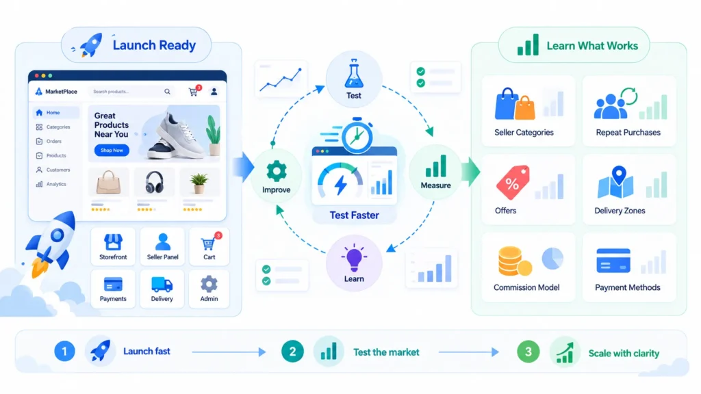 Why Startups Choose a Ready-Made Online Retail Marketplace Over Custom Development 1 Online retail marketplace growth model showing seller supply, buyer demand, marketplace operations, payments, delivery, promotions, refunds, and analytics.