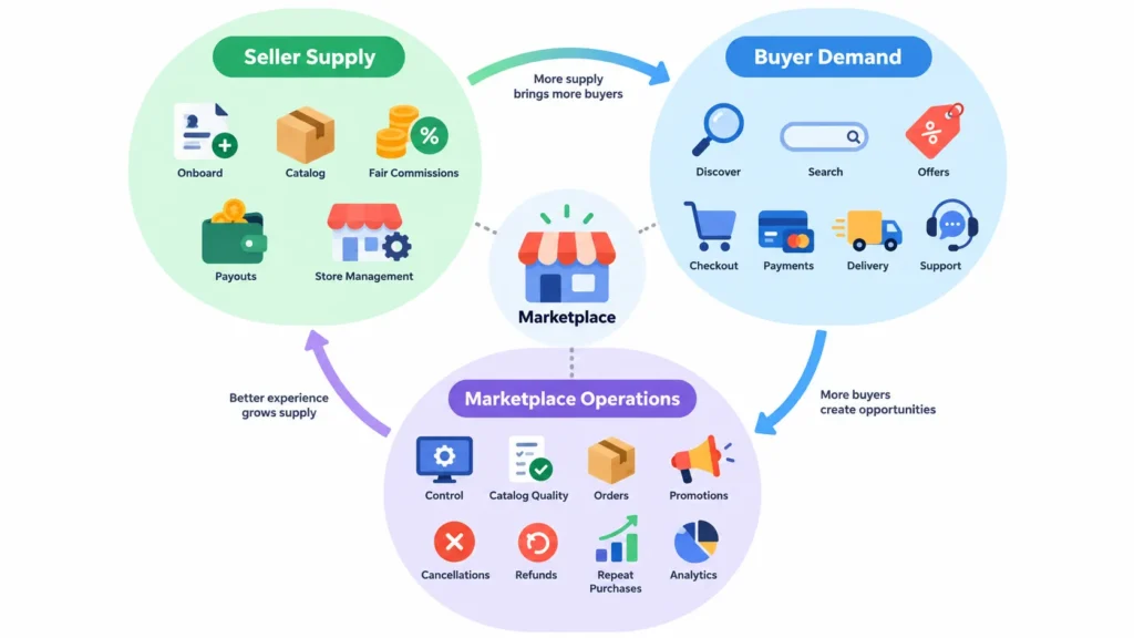 Why Startups Choose a Ready-Made Online Retail Marketplace Over Custom Development 2 Online retail marketplace growth strategy showing launch, market testing, seller categories, repeat purchases, offers, payments, delivery zones, and scaling.