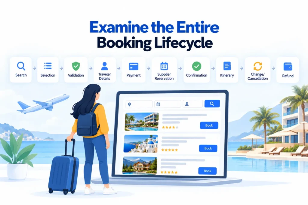 Complete online travel agency platform booking lifecycle from search and payment to confirmation, cancellation, and refund