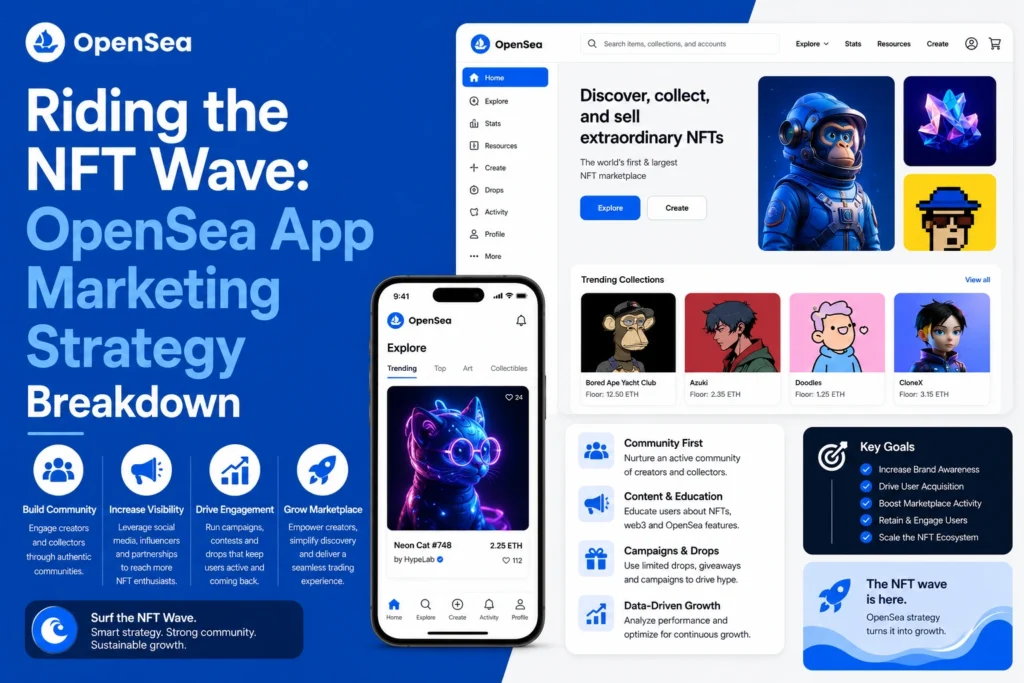 Infographic showcasing OpenSea's app marketing strategy, including community building, NFT discovery, creator engagement, educational content, campaigns, and data-driven marketplace growth.