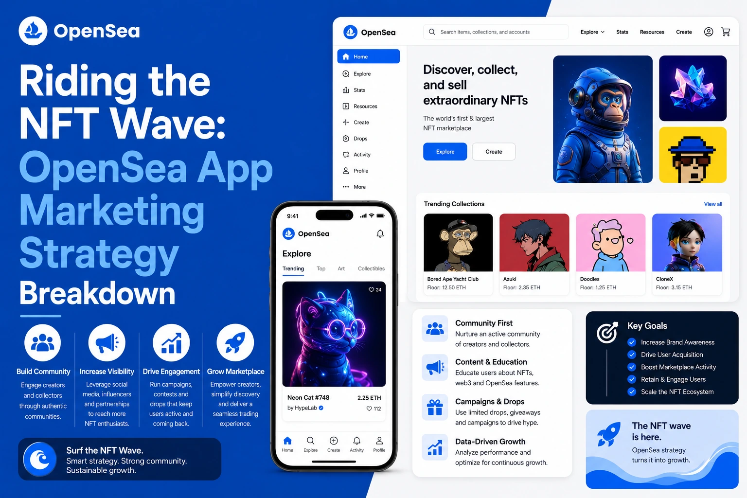 Infographic showcasing OpenSea's app marketing strategy, including community building, NFT discovery, creator engagement, educational content, campaigns, and data-driven marketplace growth.