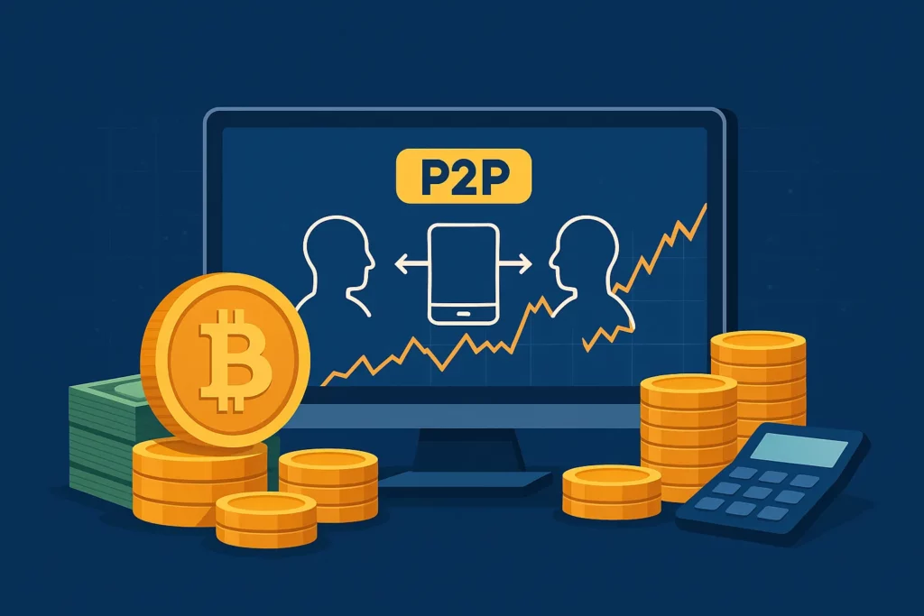 Illustration of P2P crypto exchange with Bitcoin coins, screen interface, and trading graphics representing marketplace development