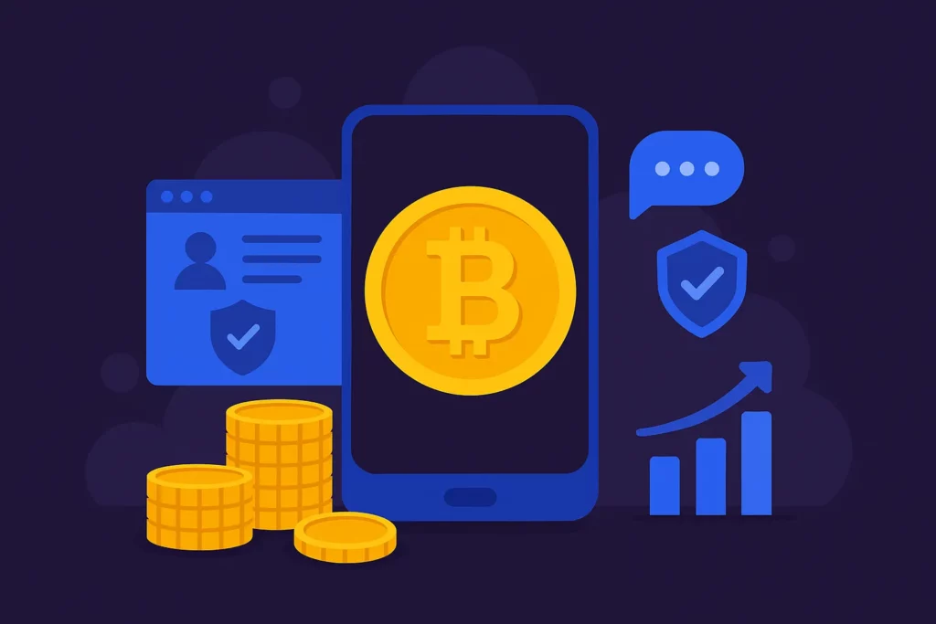 Illustration of smartphone with Bitcoin icon, coin stacks, wallet UI, chat, and security elements representing P2P crypto exchange features